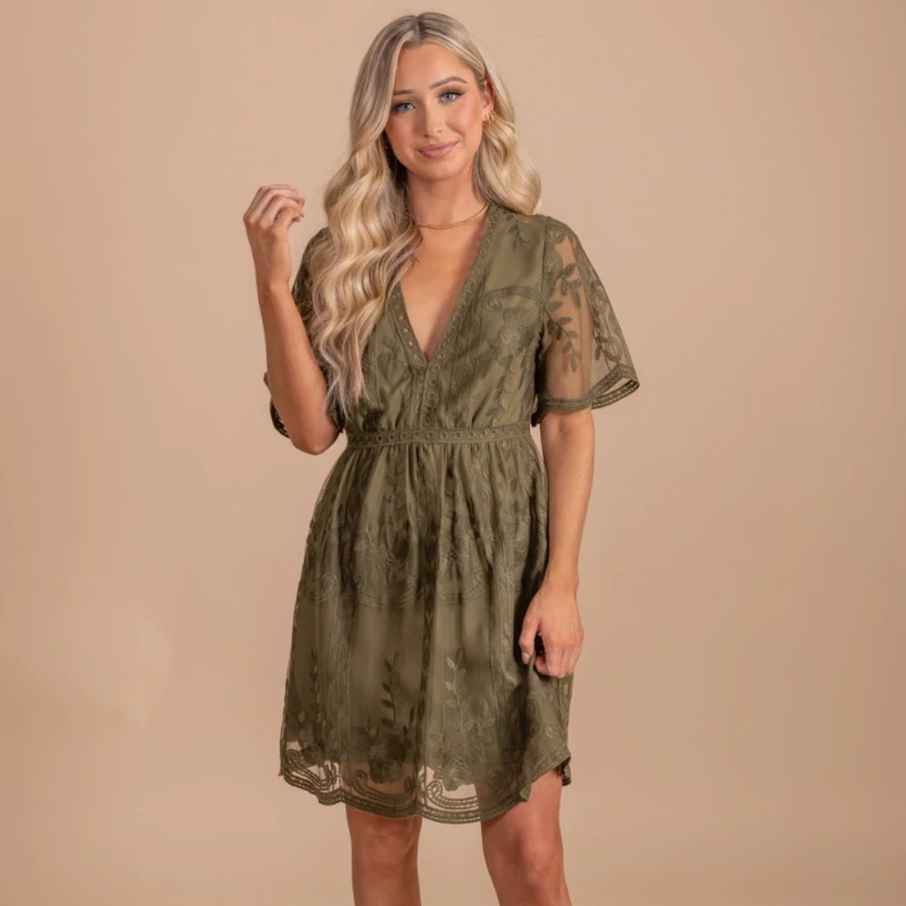 NWT Embroidered Olive Mini Dress